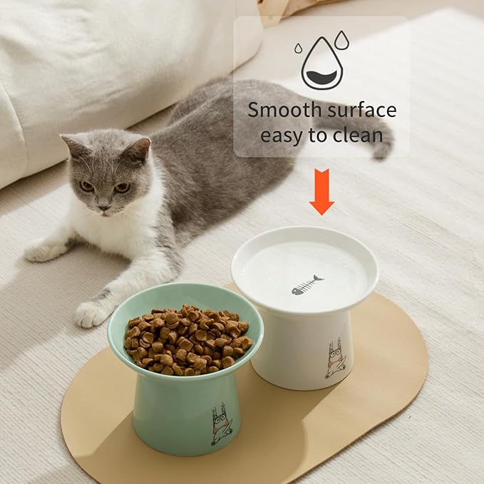 OMAYKEY 6.5 Inch Extra Wide Raised Cat Bowls, Ceramic Elevated Cat Bowl for Food and Water, Wide Shallow Cat Food Dish, Whisker Fatigue, Protect Spine, Lead & Cadmium Free, White & Green