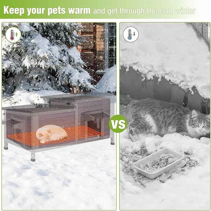 GUTINNEEN Heated Cat House with Insulated Liner Outdoor Cat House with Anti-Bite Cable Weatherproof Cat Shelter with Heater Feral Cat House for Winter