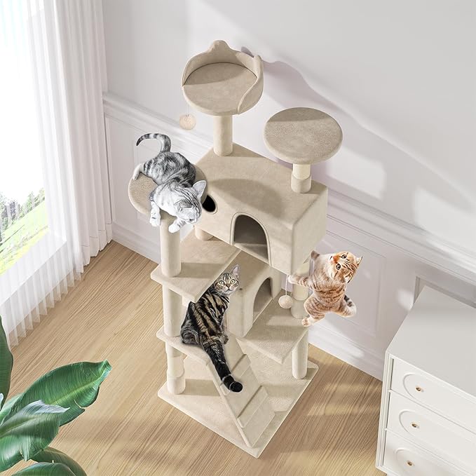 MoNiBloom Cat Tree, 70 Inch Cat Tree Tower with 2 Condo, Tall Cat Tower with Scratching Post, Cat Climbing Tower, Cat Tree for Indoor Cats, Beige