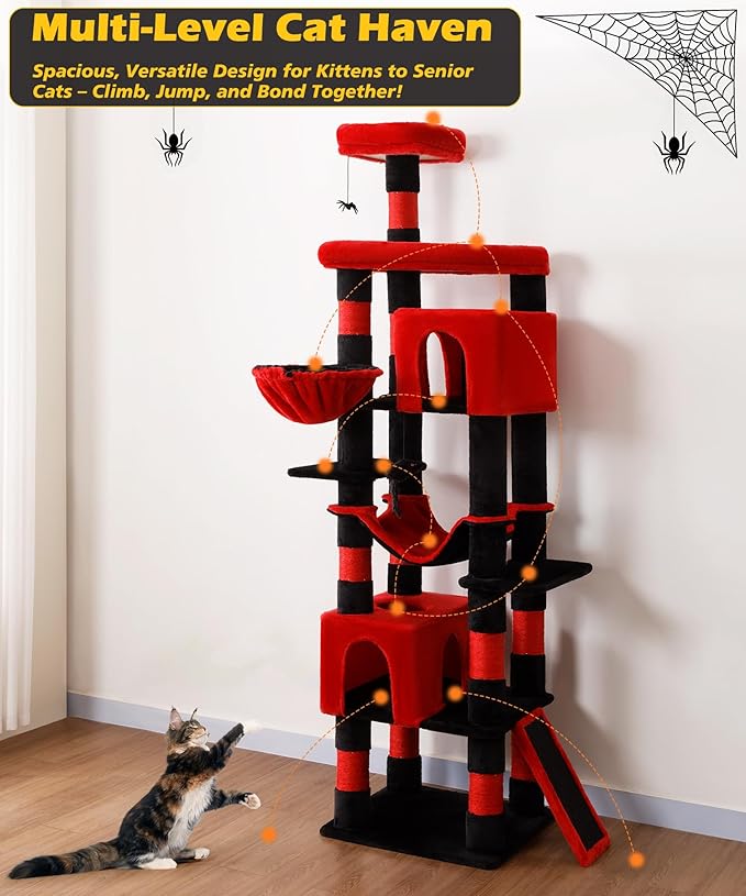 AMHANCIBLE Large Gothic Cat Tree, 83 Inch Tall Tower for Indoor Adult Cats, with Scratching Post and Board, Hammock, Condos, Hanging Basket, Activity Center to Play and Sleep, Black Red, PT21RD
