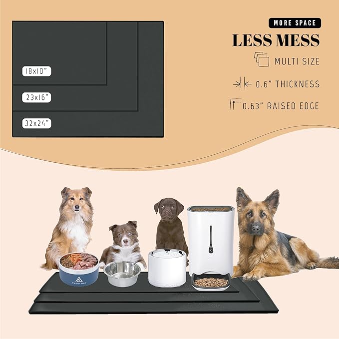 AVERYDAY 18x10'' Silicone Dog Mat for Food and Water, 0.63'' Edge Dog Food Bowl Mats for Floor Waterproof, Dogs Water Mat for Sloppy Drinker, Non Slip Rubber Pet Feeding Mats for Indoor Dogs and Cats