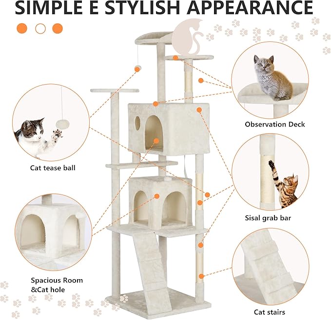 BestPet 81in Cat Tree Tower for Indoor Cats,Multi-Level Cat Furniture Activity Center with Cat Scratching Posts Stand House Cat Condo with Funny Toys for Kittens Pet Play House,Beige