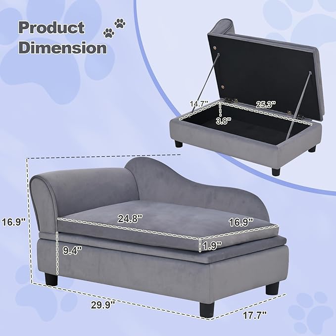 30" L Pet Sofa with Hidden Storage 30lbs, Dog Couch for Small-Sized Dogs and Cats, Soft Tufted Cushion, Light Grey