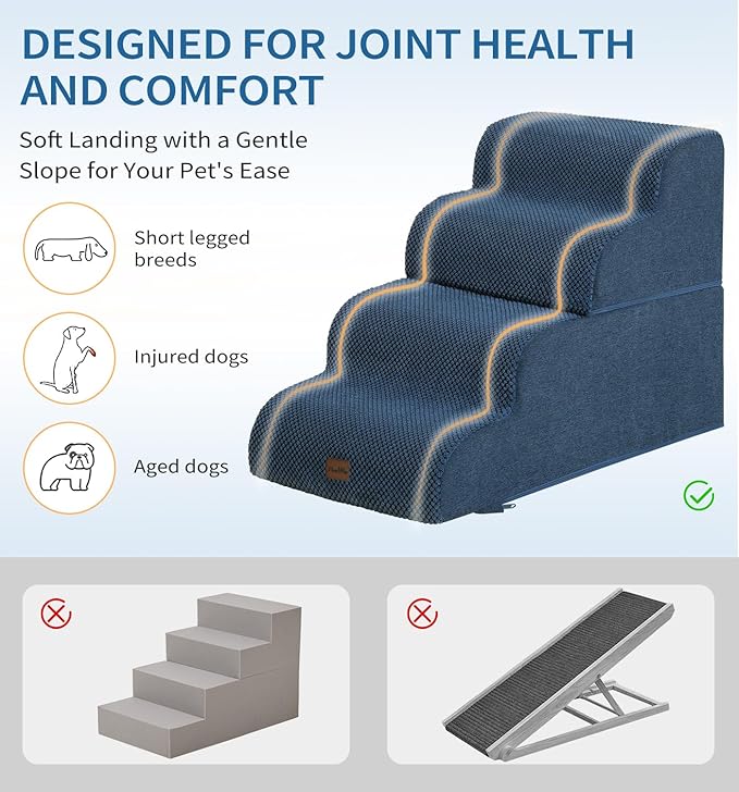 Made4Pets Dog Stairs Ramp for Bed, 4-Step Dog Steps for High Bed Couch Sofa Climbing, 35D Foam Pet Steps for Small Dogs and Cats, Non-Slip Bottom Pet Stairs, Navy