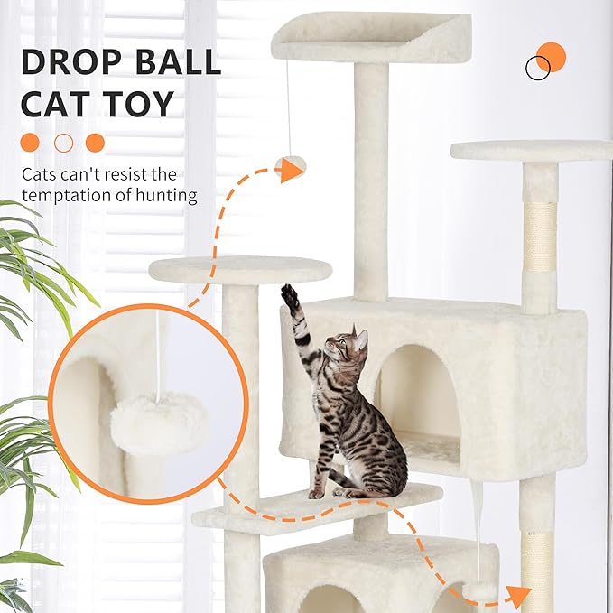 BestPet 62in Cat Tree Tower for Indoor Cats,Multi-Level Cat Furniture Activity Center with Cat Scratching Posts Stand House Cat Condo with Funny Toys for Kittens Pet Play House,Beige