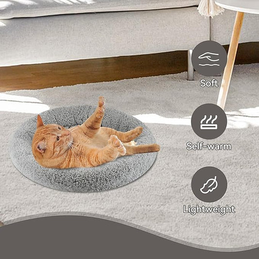 Enjoying Small Cat Bed Mat, 13.78" Round, Self Warming Cat Mat with Pillow Around, Dog Kitty Curling Sleep Cushion, Soft Kitten Pad for Carrier/Crate, Rabbit Warm Bed, Antiskid Bottom, Small
