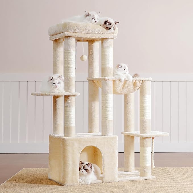 Heybly Heavy Duty Cat Tree, Tower for Indoor Cats Large Adult, Tall Cat Condo House with Extra-Large Baseboard, Multi-Level Plush Furniture with Scratching Posts, Hammock, Toy Ball, Beige HCT026M