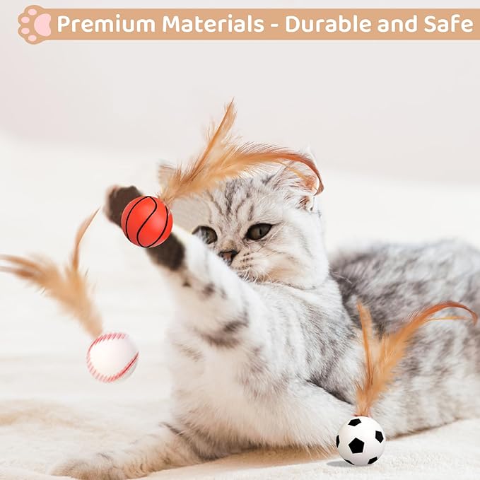 6PCS Interactive Feather Ball Toy for Cats, New Cat Bouncy Ball with Feather Tails, Elastic Cat Toy Balls for Indoor, Rolling Balls for Cats Playing Exercise