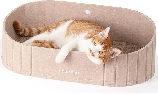 FUKUMARU Cat Scratcher, 24 Inch Sofa Shape Cat Scratching Bed, Reversible Detachable Cats Scratching Board, Round Cats Scratch Pads Refill Indoor, Beige