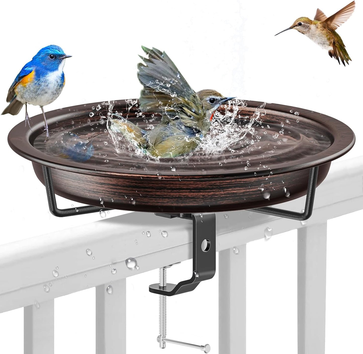Deck Mounted Bird Bath for Outside, Detachable Birdbath Bowl with Sturdy Clamp, Outdoor Bird Baths Bowl for Attracting Birds Garden Yard Decor (Brown)