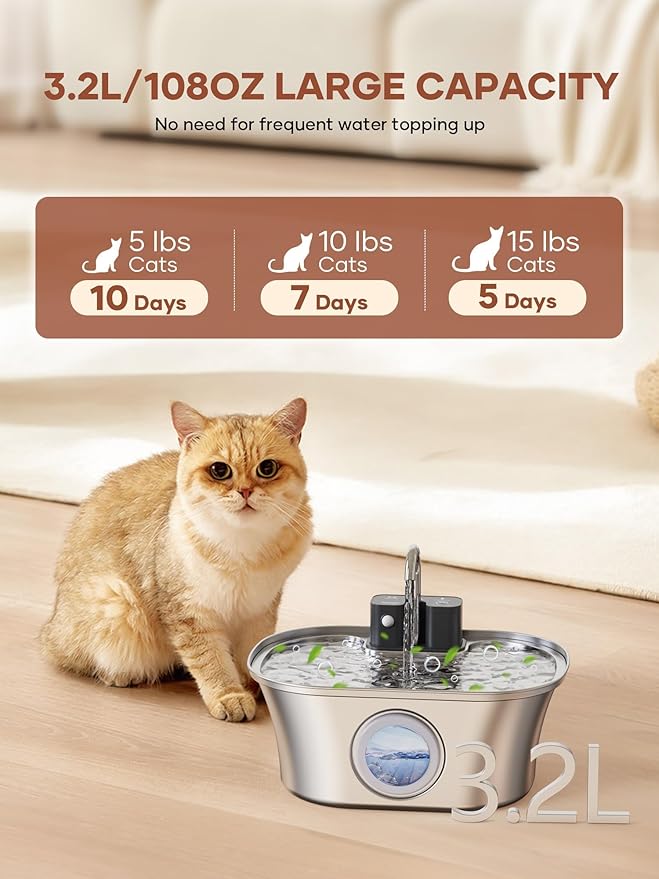 Cat Water Fountain Wireless: Battery Operated Stainless Steel 108oz/3.2L Cat Fountain, Automatic Cordless Pet Water Fountains with Motion Sensor Indoor, Easy Clean, for Cats, Dogs, Multiple Pets