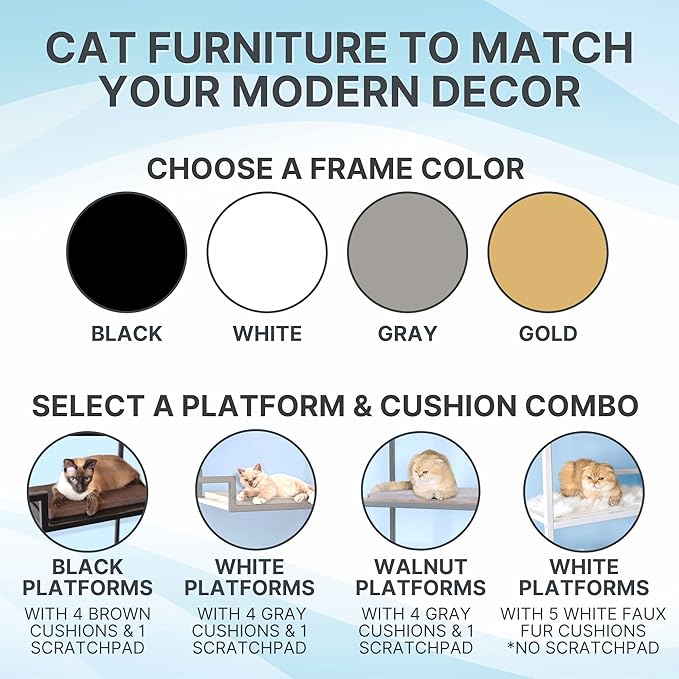 THE REFINED FELINE 62 Inch Tall Metropolitan Cat Condo, Black Metal Frame Cat Tower, Multi-Level Modern Cat Tree for Indoor Cats, Black Platforms with Brown Replaceable Cushions & Scratching Post
