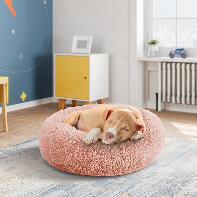 Calming Donut Dog Bed Medium Size Removable Cover + 2 PCS Cooling Rattan Pet Mat, Fluffy Comfort Anti-Anxiety Washable Round Pets Bed with Double-Sided Cool Pad for Medium Dogs/Cat, 31" Pink
