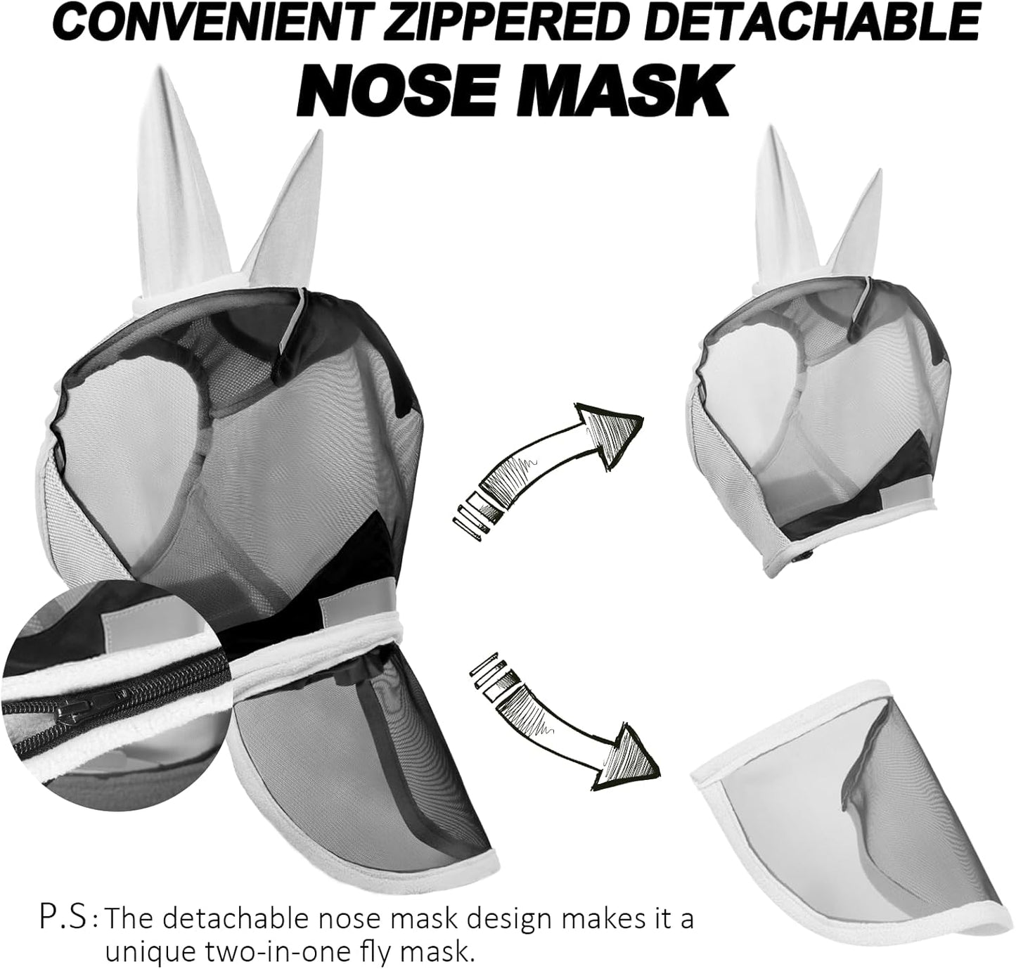 Luminous Horse Fly Mask with Long Nose, Ears, Full Face & Eye Protection - Full Mesh, Detachable Nose Cover, Fleece Padded Edging, Hook-and-Loop Straps with Webbing, Hanging Straps Grey