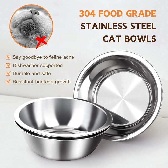 Elevated Cat Food Bowl, 3 Stainless Steel Raised Cat Bowls with Stand, 15°Tilted Cat Bowl for Small Dog, Cat Food and Water Bowl Set, Anti Vomitting, Whisker Fatigue and Dishwasher Safe - Natural