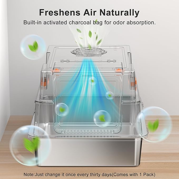 Extra Large Enclosed Stainless Steel Cat Litter Box with Lid - XXXL Giant Metal Enclosed High Sides Litter Boxes for Multi-Cat Households and Overweight Cats - Black