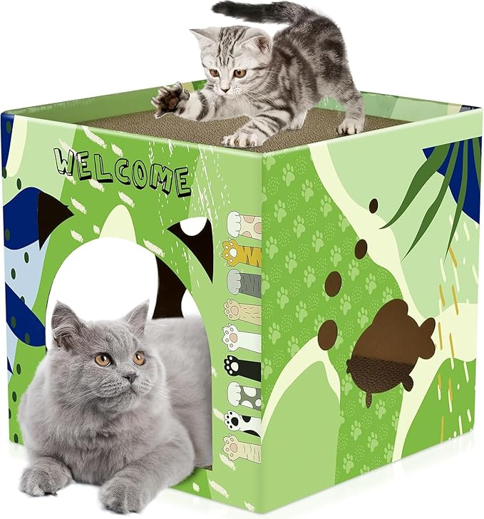 Bissap Cat Cardboard House, Large Thickened Play House with 2 Story Scratch Pads Bed Scratching Lounge for Indoor Cats Kittens Breathable Cube Shelter Corrugated Scratcher Box Toy