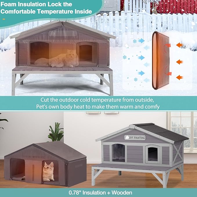 Outdoor Cat House with Insulated Liner,Weatherproof Outside Feral Kitten Shelter for Winter,Wooden Cat Codons with Large Balcony