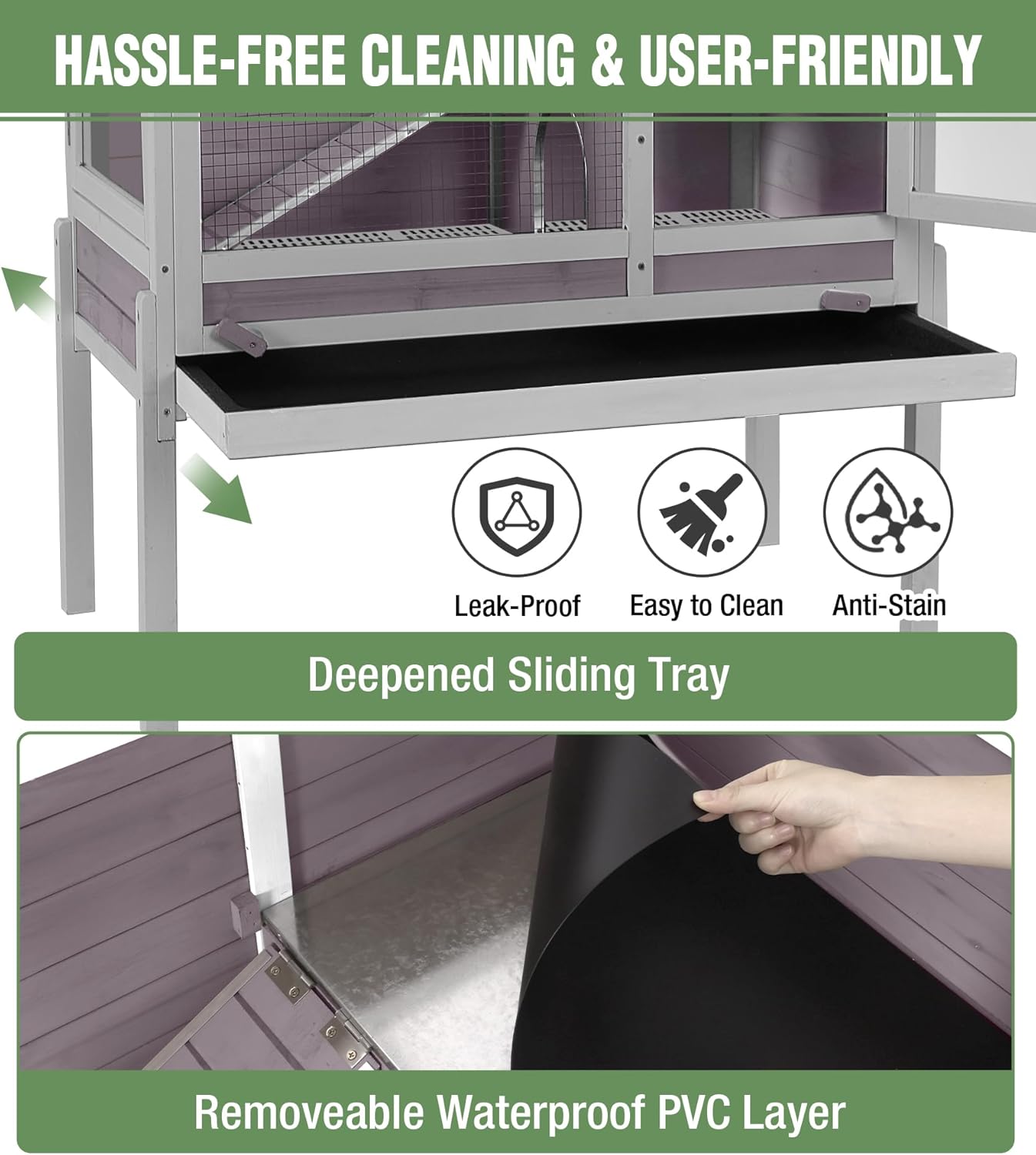 GUTINNEEN Guinea Pig Cage Rabbit Cage Indoor with Chew-Proof Edges, Clean Deep Tray, Leakproof PVC Layer, Small Animals Cage with Adjustable Legs - Grey