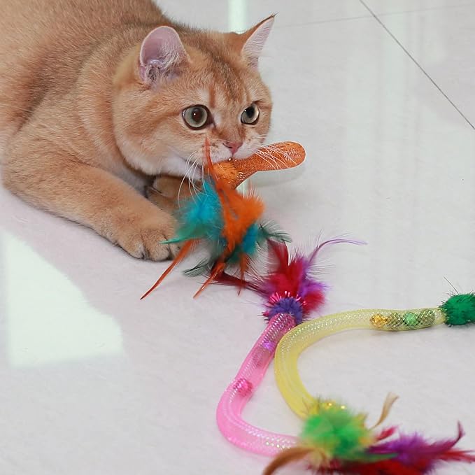 Interactive Cat Toys with Feather, Stretchable Mesh Tubes Toys with Bell and Catnip Inside, Colorful Interactive Play String for Cats and Kittens, 3 Pcs