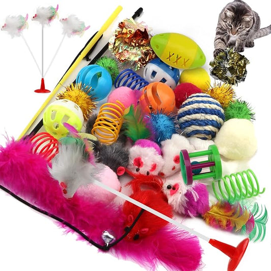 Cat Toys Kitten Toys Assortments, 32 Packs Cat Toys Variety Pack for Kitty, Cat Balls with Bells,Cat Feather Toy, Cat Mouse Toy, Cat Crinkle Balls, Catnip Toys for Indoor Cats Kittens