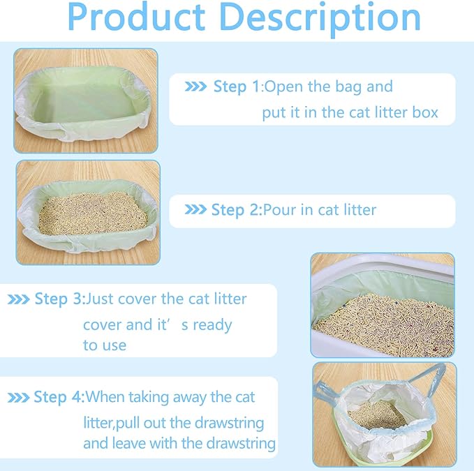 40 Count Cat Litter Box Liners - Large Drawstring Cat Litter Bags, Extra Thick Heavy Duty Durable Litters Tray Pet Cats Pan Liners, Waste Replacement Bags for Self-Cleaning Cats Litter Boxes 16" x 25"