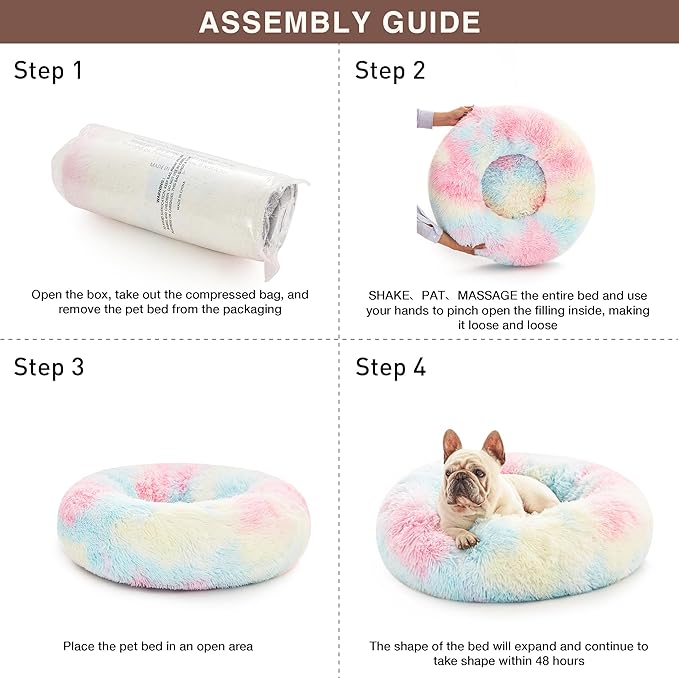Love's cabin Calming Cat Bed for Indoor Cats,Anti-Anxiety Donut Round Dog Bed,Fluffy Faux Fur Washable Pet Bed for Small Medium Dogs and Cats,Rainbow,20in