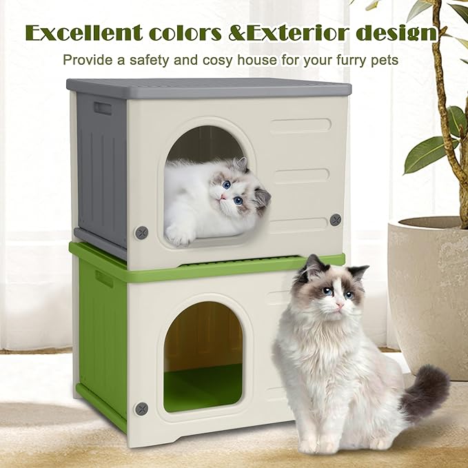 Plastic Cat House for Outdoor Indoor Use, Stackable Feral Cat Shelter Indoor Cat House Insulated Weatherproof Waterproof -Green