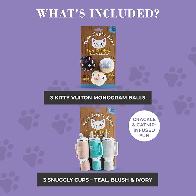 Vuiton Monogram Balls + Snuggly Cups Set, Plush Cat Toys Catnip Filled with Interactive Crackle Sound, Safe & Durable Toys for Cat & Kitten, 6 Pcs