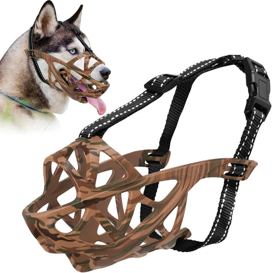 Dog Muzzle for Large Dogs, Breathable Basket Muzzles for Small, Medium and X-Large Aggressive Dog, Allows Panting Drinking, Suitable for Grooming Trimming Training (Camouflage Brown, XL)