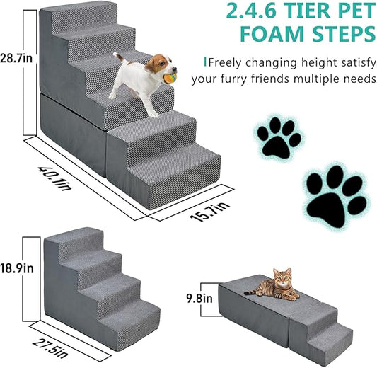 Dog Stairs for High Beds 28-30 inches Tall, 6-Step Dog Stairs for Small Large Dogs/Cats, Foam Dogs Steps/Ramp for High Bedsides/Couch, Non-Slip Balanced Pet Step/Pamp/Ladder for Bed, Grey
