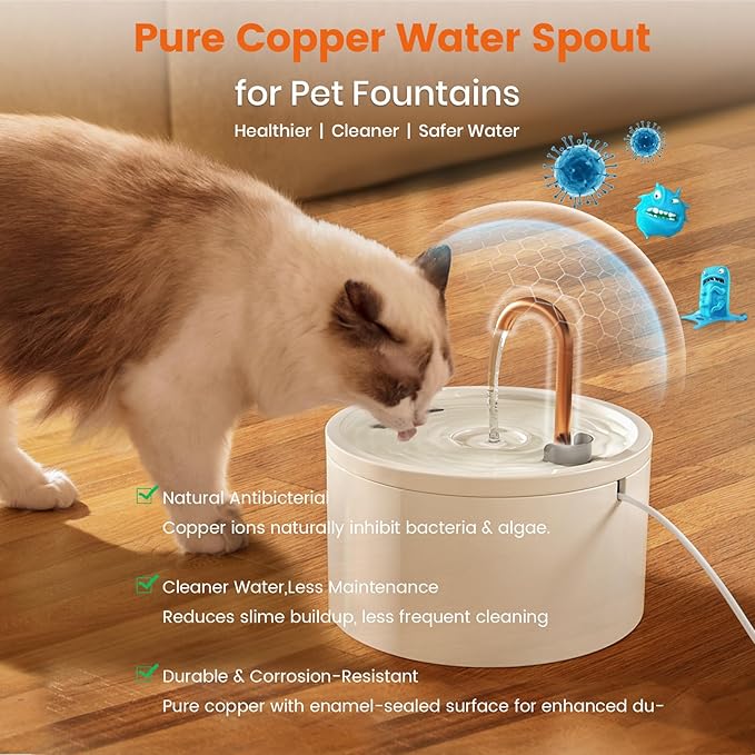 Ceramic Cat Water Fountain - 2.1L/71oz - All-Ceramic Body & Pure Copper Water Spout - Automatic Pet Drinking Fountain for Cats Indoor with Ultra-Quiet Pump, and 3Pcs Filter & Sponge (White)