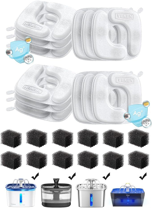 Veken Cat Water Fountain Filters, 12 Pack Replacement Filters & 12 Pack Replacement Pre-Filter Sponges Set for 50oz, 84oz, 95oz Automatic Pet Fountain Dog Water Dispenser