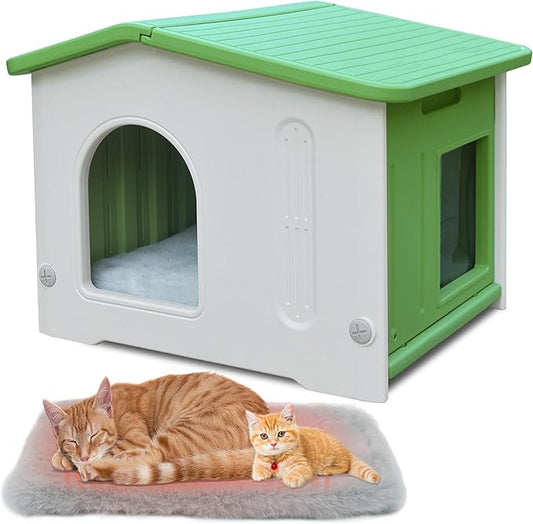 Weatherproof Cat House for Outdoor Indoor Use, Plastic Feral Cat House with Escape Door and Soft Mat, Outside Cat Shelter for Small Pet, Spacious, Assemble Easily - Green
