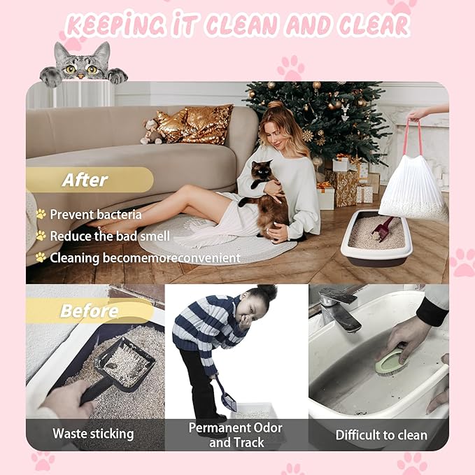 100 Counts Cat Litter Box Liners, 27" x 15" Drawstring Bags for Kitty Litter Pan Receptacles, One Step Cleaning, Heavy Duty, Extra Thick & Tear Resistant (Small Size / 100 Counts)