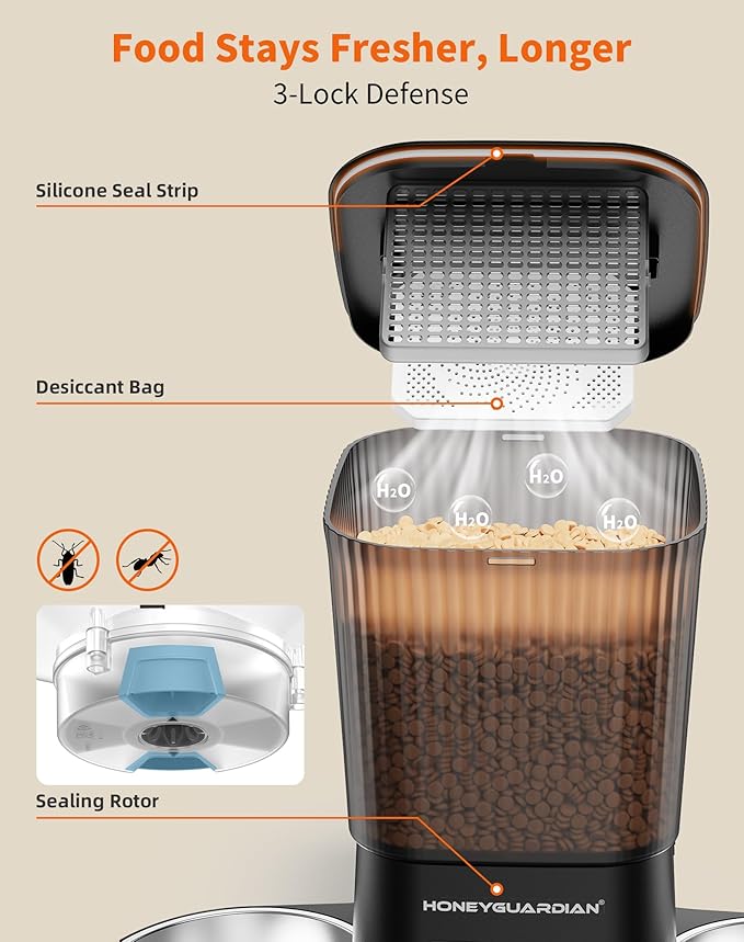 HoneyGuaridan Automatic Cat Feeder for 2 Cats, Automatic Cat Food Dispenser, Timed Pet Feeder for Cats and Dogs, Desiccant Bag, Programmable Portion Control,10s Voice Recorder