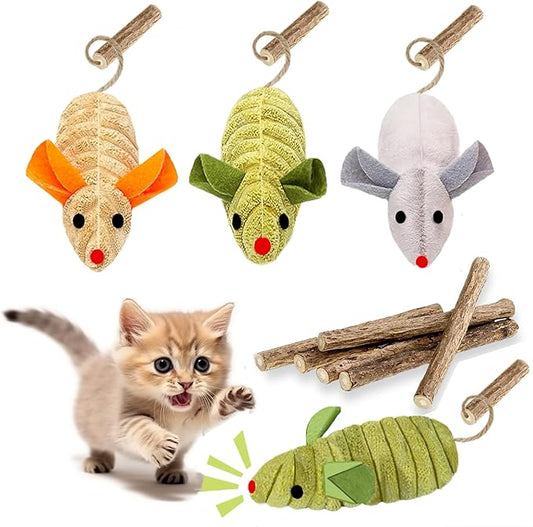 9Pcs Cat Toys, 3X Squeak Mice Catnip Toys for Indoor Cat + 6X Silvervine Chew Stick Dental Chirping Mouse Plush Kitten Stuffed Toy Cleaning Teeth Matatabi Bite Interactive Cat Gifts Kitty Toy