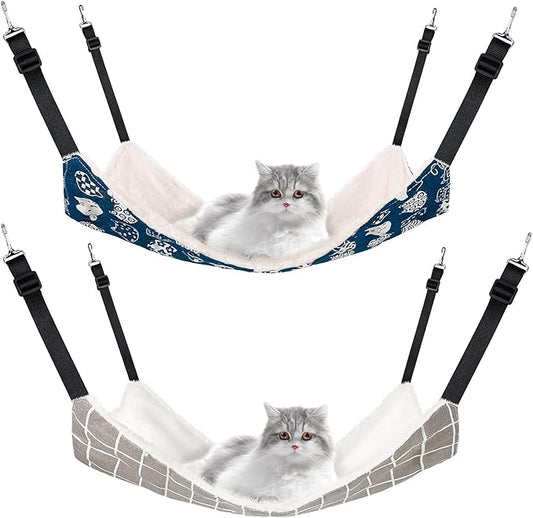 2 Pieces Reversible Cat Hanging Hammock Soft Breathable Pet Cage Hammock with Adjustable Straps and Metal Hooks Double Sided Hanging Bed for Small Dogs Rabbits(Cat and Plaid,S)
