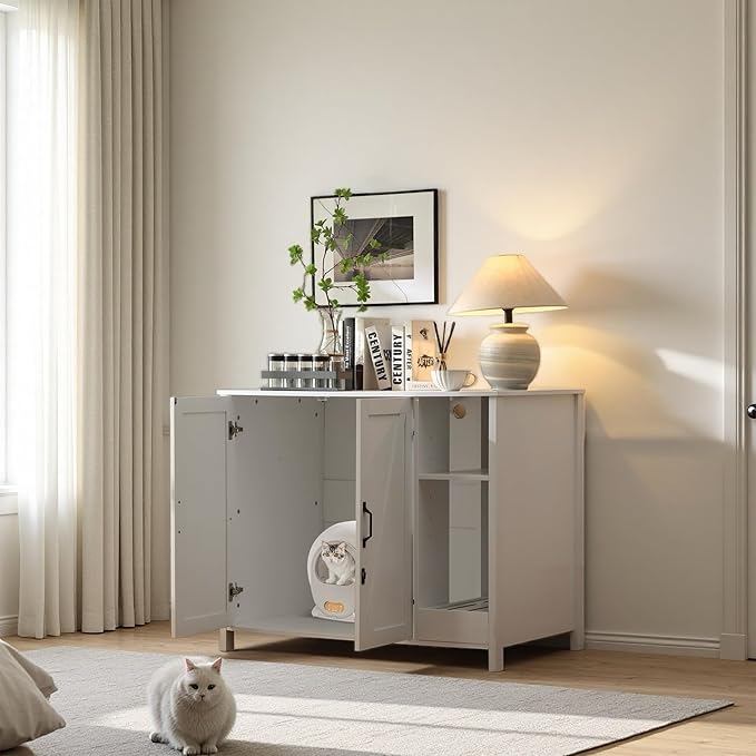 Cat Litter Robot Enclosure with Litter Collector,Cat Litter Cabinet with Dog Proof Adjustable Shelf,for Placing Litter Robot 3/4,Power Outlet (Cloud White)