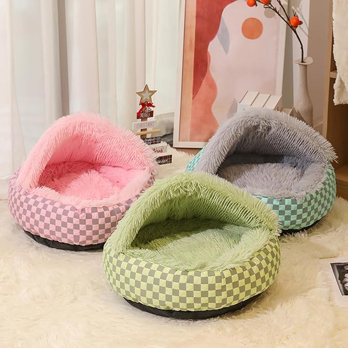 Cat Bed Hooded Plush Nest with Self-Warming Cozy Cave, Calming Anti-Anxiety Pet Bed for Indoor Cats & Small Dogs, Removable Washable Cover & Waterproof Bottom - Pink