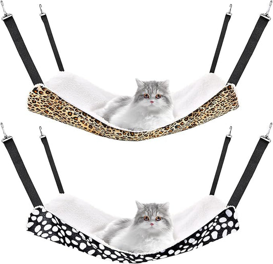 2 Pieces Reversible Cat Hanging Hammock Soft Breathable Pet Cage Hammock with Adjustable Straps and Metal Hooks Double Sided Hanging Bed for Small Dogs Rabbits(Leopard and Dot,S)