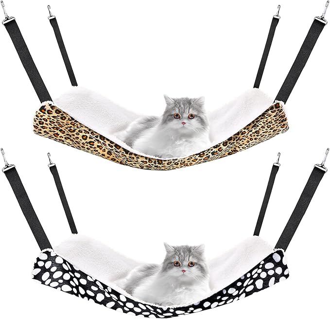 2 Pieces Reversible Cat Hanging Hammock Soft Breathable Pet Cage Hammock with Adjustable Straps and Metal Hooks Double Sided Hanging Bed for Small Dogs Rabbits(Leopard and Dot,M)
