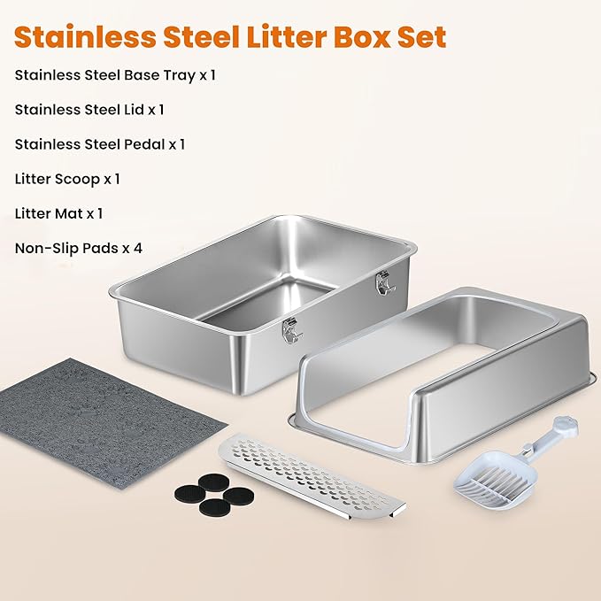 Stainless Steel Litter Box with Metal Lid and Scoop - Enclosed Metal Litter Box for Large Cats, Rust-Resistant, Odor-Control, Easy to Clean, Durable & Long-Lasting with Round Edge (XL)