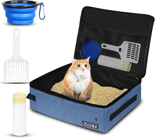 Petskd Portable Cat Travel Litter Box with Lid and 10 pcs Disposable Liner Bags, Leak-Proof and Collapsible, Cat Travel Essentials for Car, Hotel, Airplane and Other Outdoor Use(Blue)