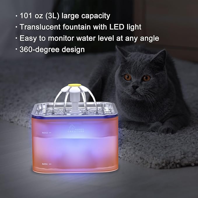 Crystal Cat Water Fountain Stainless Steel, 101oz/3L Pet Fountain with LED Light for Cats and Dogs (Orange)
