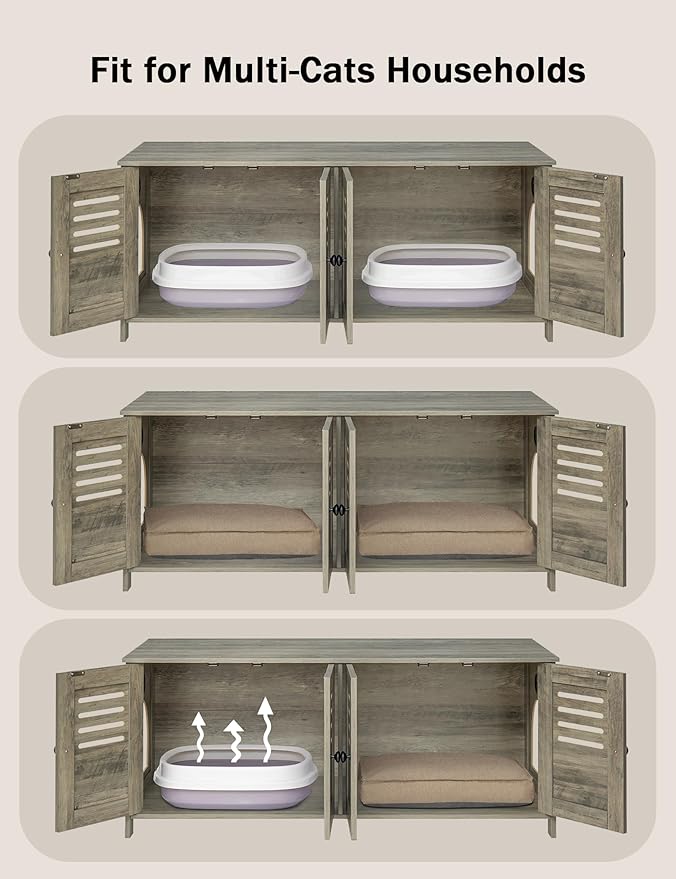 DINZI LVJ Litter Box Enclosure for 2 Cats, Hidden Litter Box Furniture with Double Rooms, Dual Cat Litter House, Front Doors, 47.2" Wooden Hidden Cat Washroom, Side End Table, TV Stand, Gray Wash