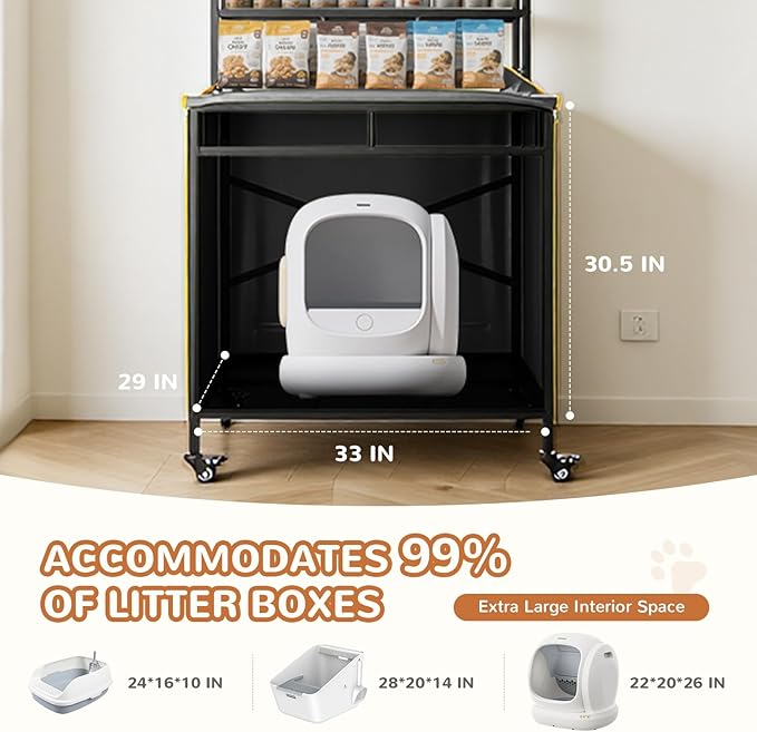 Lekereise Cat Litter Box Enclosure, Large Hidden Litter Box Furniture with Removable Waterproof Cover, Kitty Litter Box Furniture with 3-Tier Adjustable Shelves Storage and Wheels (70.87”H, Black)