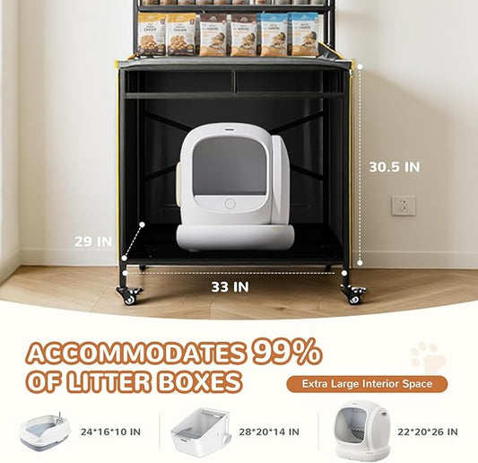 Lekereise Cat Litter Box Enclosure, Large Hidden Litter Box Furniture with Removable Waterproof Cover, Kitty Litter Box Furniture with 3-Tier Adjustable Shelves Storage and Wheels (70.87”H, Black)