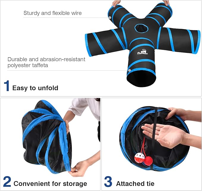 Pawaboo Cat Toys, Cat Tunnel Tube 5 Way Tunnels 25x53cm Extensible Collapsible Play Tent Interactive Toy Maze Cats House with Balls and Bells for Cats Kitten Kitty Rabbit Small Animal, Blue