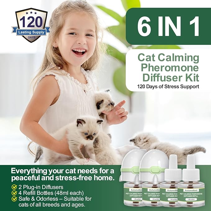 6-in-1 Cat Calming Pheromone Diffuser Kit, Cat Calming Diffuser for Anxiety Relief, Aggression, Scratching, Urine Marking, Fighting, Meowing, Hiding, Safe for All Cats, 120 Days Support